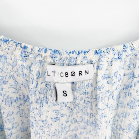 Baltic Born Koa Short Dress Blue Cream Ditsy Floral Smocked Waist Womens Sz S - Picture 6 of 12